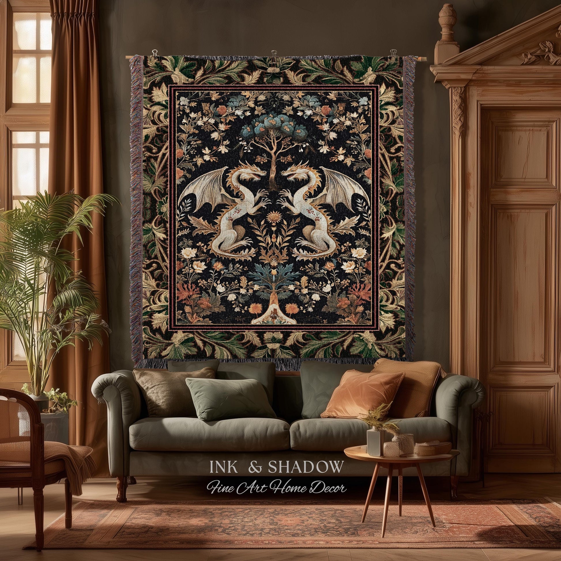 Rococo Dragon Blanket Ornate Baroque Art Nouveau Inspired Tapestry Throw Folklore Decor | Antique Aesthetic Maximalist Fantasy Home Decor