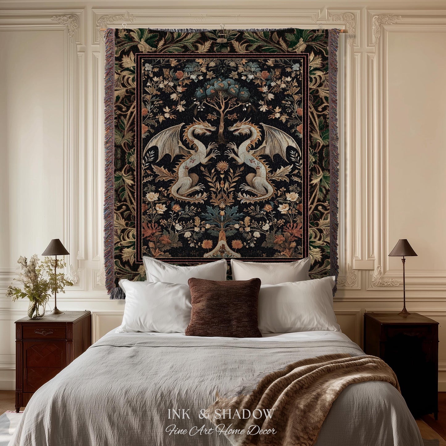 Rococo Dragon Blanket Ornate Baroque Art Nouveau Inspired Tapestry Throw Folklore Decor | Antique Aesthetic Maximalist Fantasy Home Decor