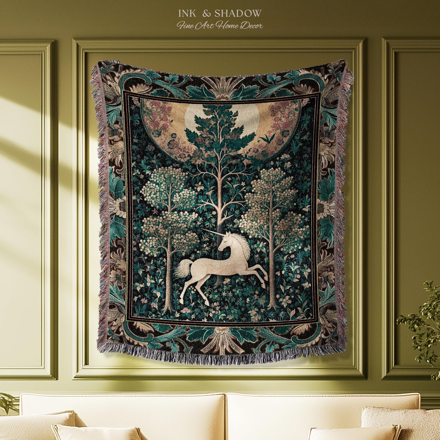 Moonlit Forest Mystical Unicorn Tapestry Blanket Medieval Fairycore Decor | Renaissance Whimsical Gothic Aesthetic Woven Throw Forestcore