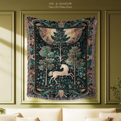 Moonlit Forest Mystical Unicorn Tapestry Blanket Medieval Fairycore Decor | Renaissance Whimsical Gothic Aesthetic Woven Throw Forestcore