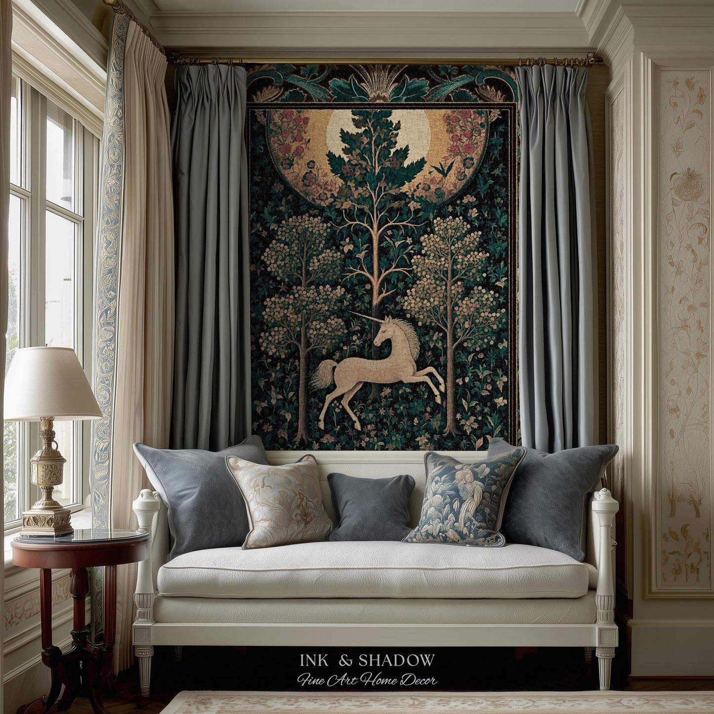 Moonlit Forest Mystical Unicorn Tapestry Blanket Medieval Fairycore Decor | Renaissance Whimsical Gothic Aesthetic Woven Throw Forestcore