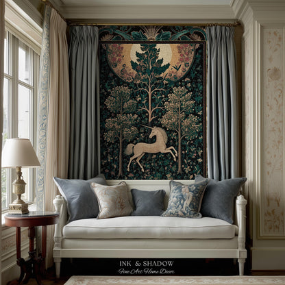 Moonlit Forest Mystical Unicorn Tapestry Blanket Medieval Fairycore Decor | Renaissance Whimsical Gothic Aesthetic Woven Throw Forestcore