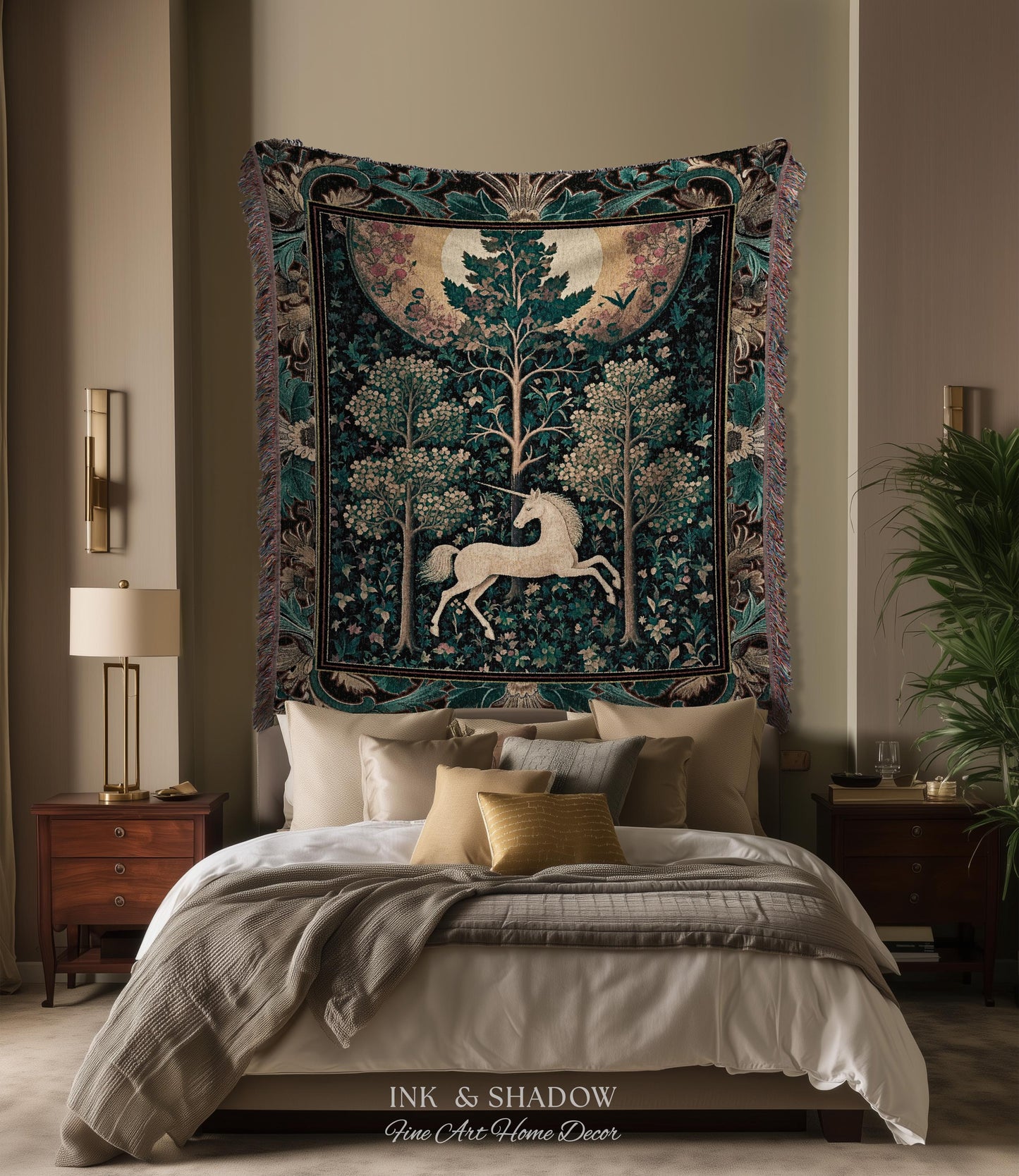 Moonlit Forest Mystical Unicorn Tapestry Blanket Medieval Fairycore Decor | Renaissance Whimsical Gothic Aesthetic Woven Throw Forestcore