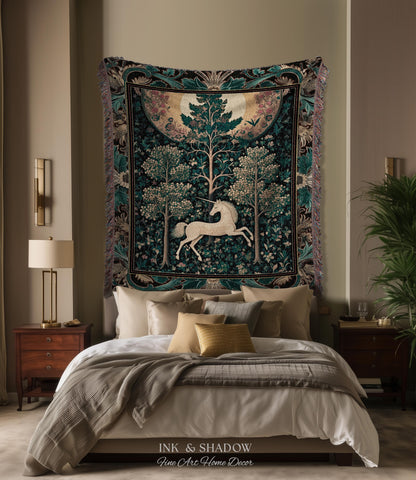Moonlit Forest Mystical Unicorn Tapestry Blanket Medieval Fairycore Decor | Renaissance Whimsical Gothic Aesthetic Woven Throw Forestcore
