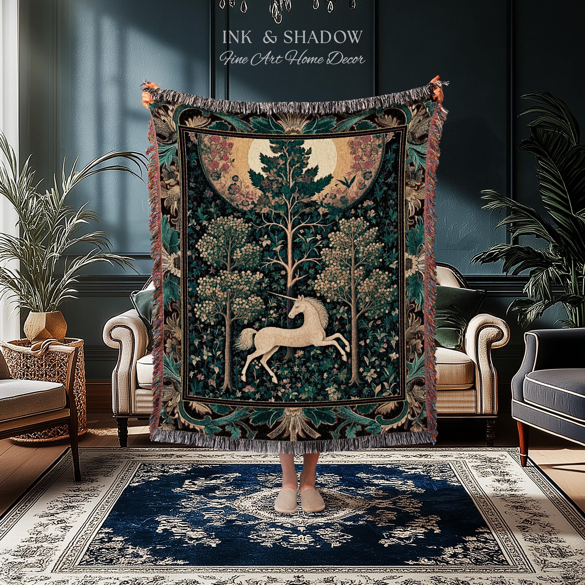 Moonlit Forest Mystical Unicorn Tapestry Blanket Medieval Fairycore Decor | Renaissance Whimsical Gothic Aesthetic Woven Throw Forestcore