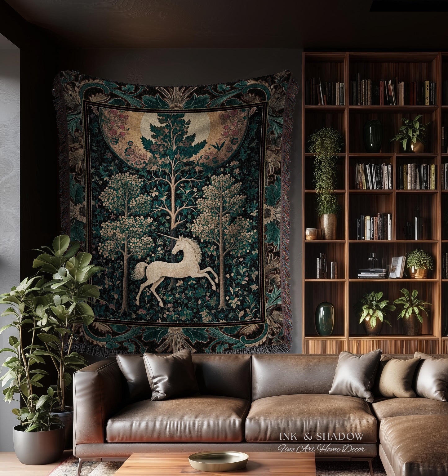 Moonlit Forest Mystical Unicorn Tapestry Blanket Medieval Fairycore Decor | Renaissance Whimsical Gothic Aesthetic Woven Throw Forestcore
