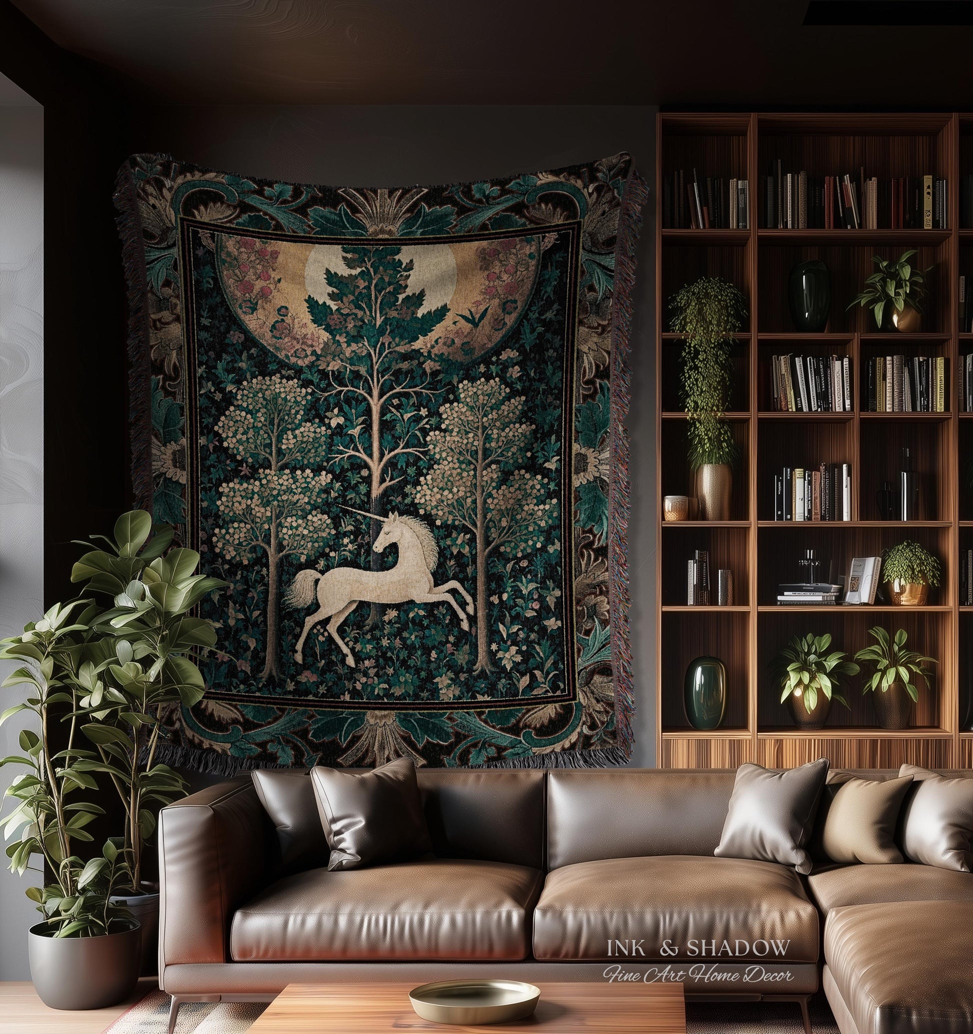 Moonlit Forest Mystical Unicorn Tapestry Blanket Medieval Fairycore Decor | Renaissance Whimsical Gothic Aesthetic Woven Throw Forestcore