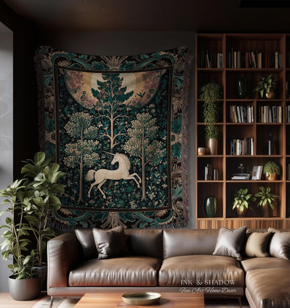 Moonlit Forest Mystical Unicorn Tapestry Blanket Medieval Fairycore Decor | Renaissance Whimsical Gothic Aesthetic Woven Throw Forestcore