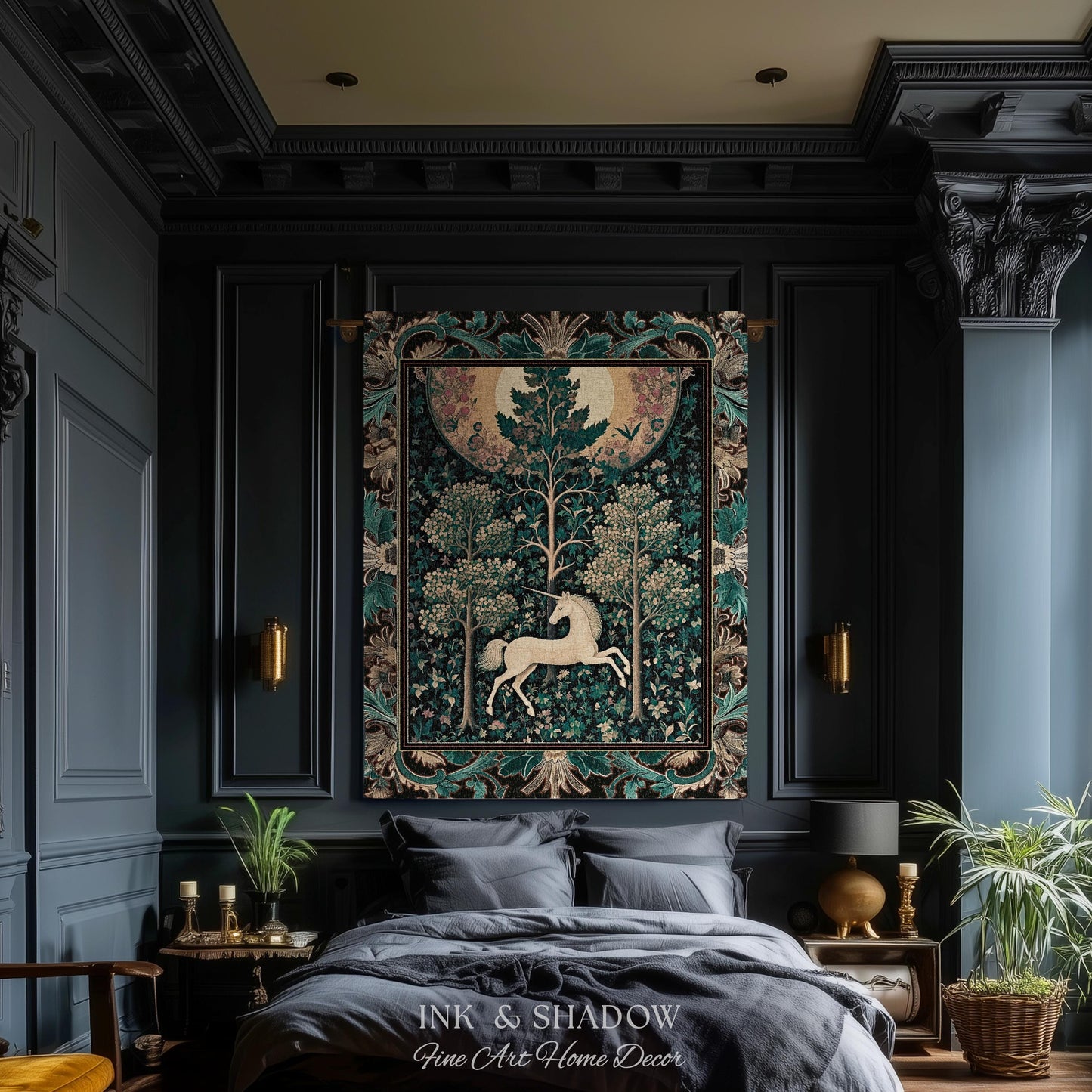 Moonlit Forest Mystical Unicorn Tapestry Blanket Medieval Fairycore Decor | Renaissance Whimsical Gothic Aesthetic Woven Throw Forestcore
