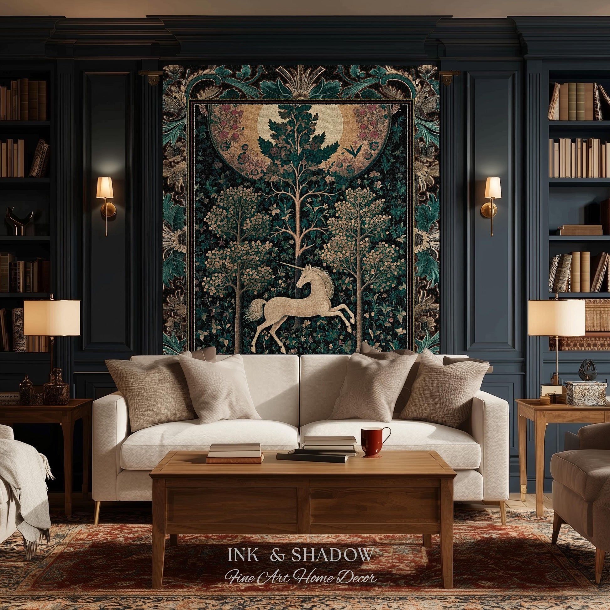 Moonlit Forest Mystical Unicorn Tapestry Blanket Medieval Fairycore Decor | Renaissance Whimsical Gothic Aesthetic Woven Throw Forestcore