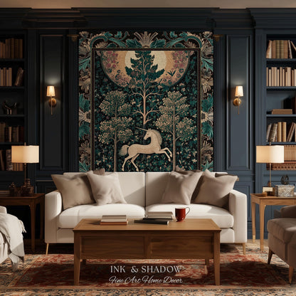 Moonlit Forest Mystical Unicorn Tapestry Blanket Medieval Fairycore Decor | Renaissance Whimsical Gothic Aesthetic Woven Throw Forestcore