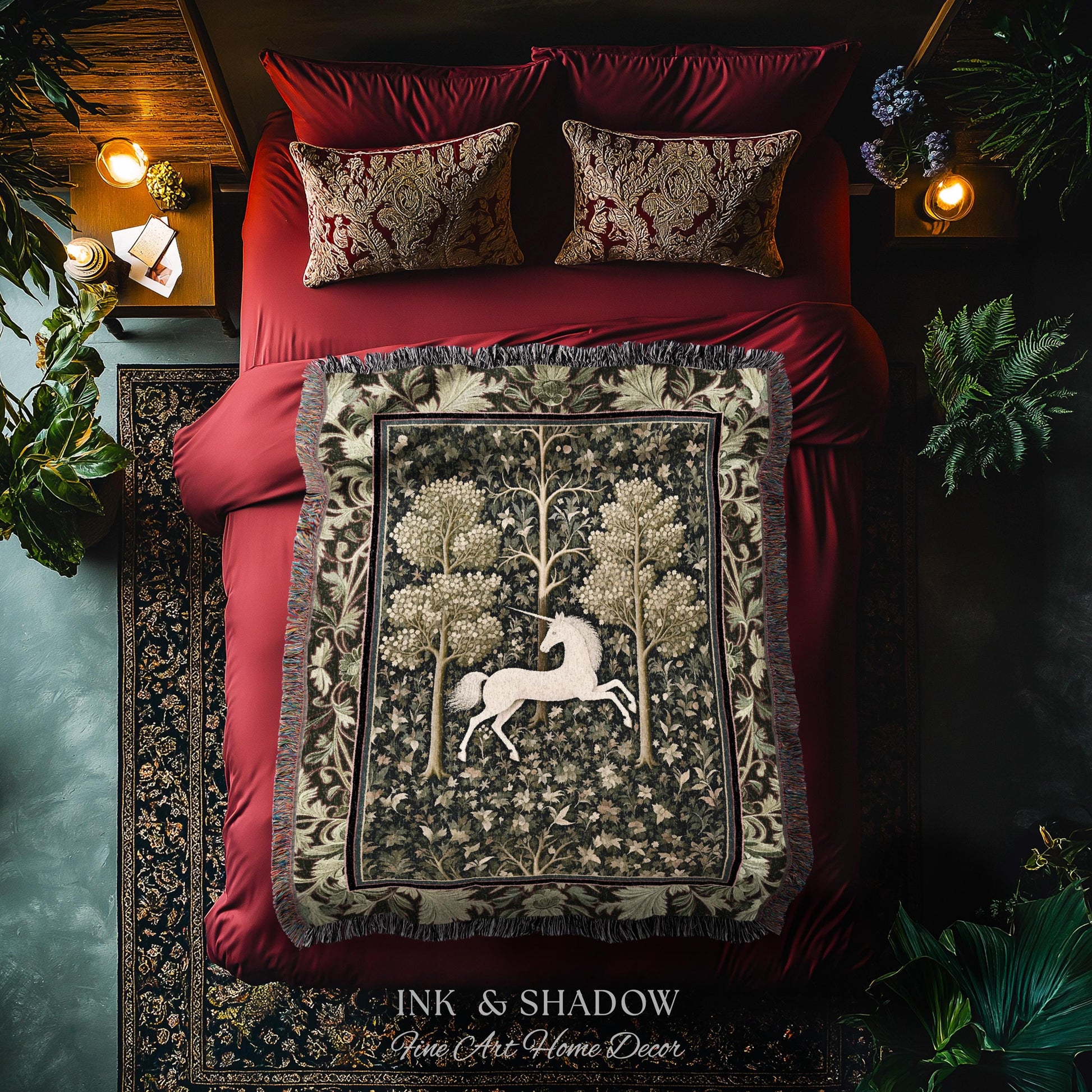 Magic Aesthetic Woven Tapestry Unicorn Blanket Cottagecore Style | Dark Academia Folklore Decor Gothic Maximalist Gift for Fantasy Lover