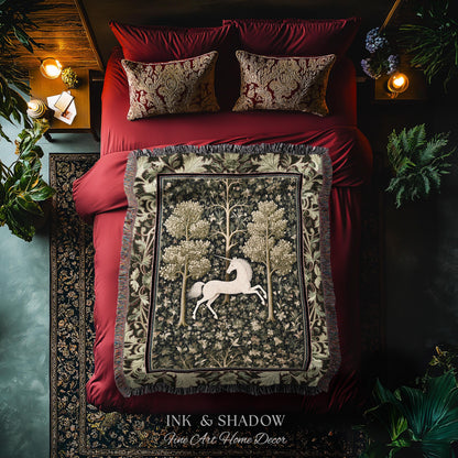 Magic Aesthetic Woven Tapestry Unicorn Blanket Cottagecore Style | Dark Academia Folklore Decor Gothic Maximalist Gift for Fantasy Lover