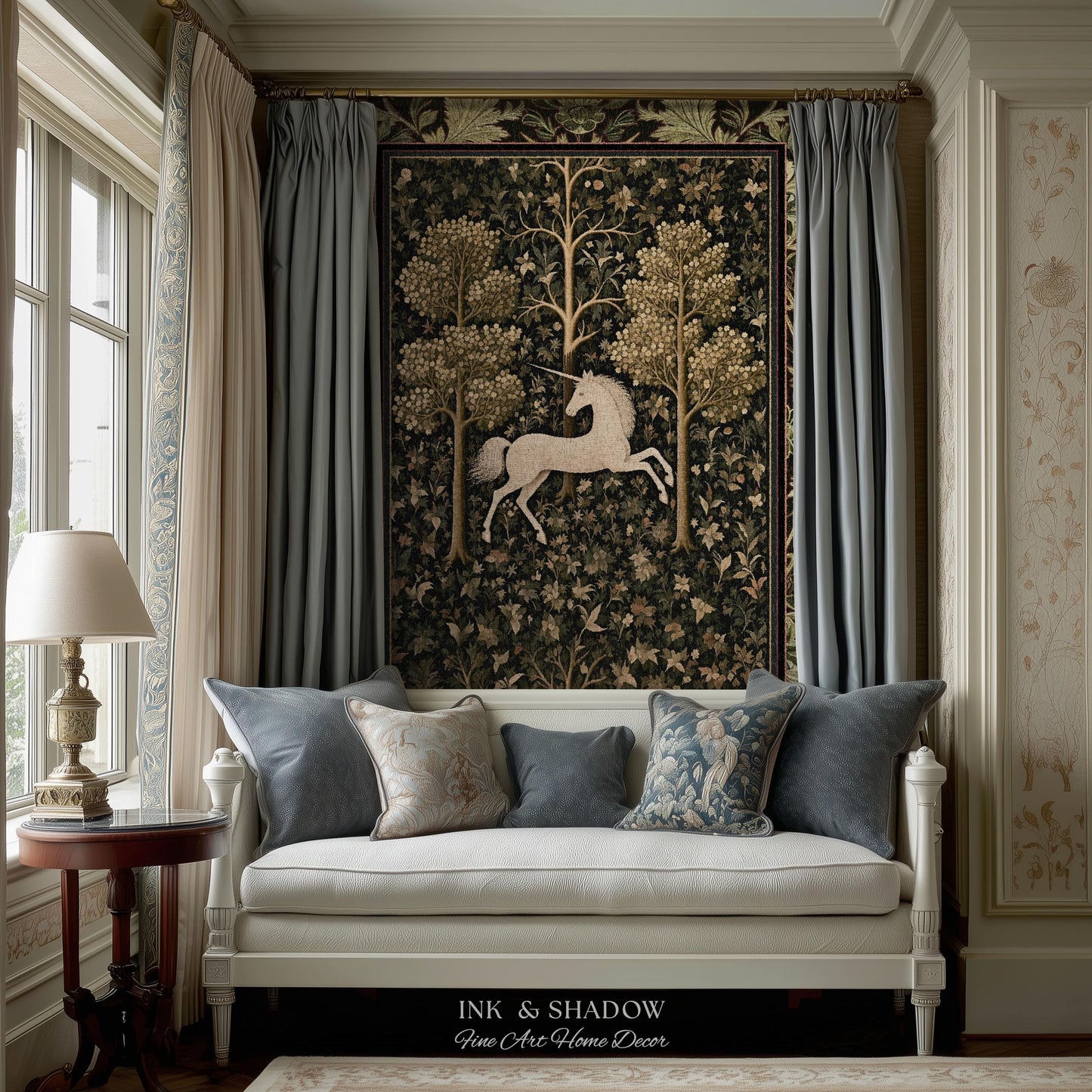 Magic Aesthetic Woven Tapestry Unicorn Blanket Cottagecore Style | Dark Academia Folklore Decor Gothic Maximalist Gift for Fantasy Lover