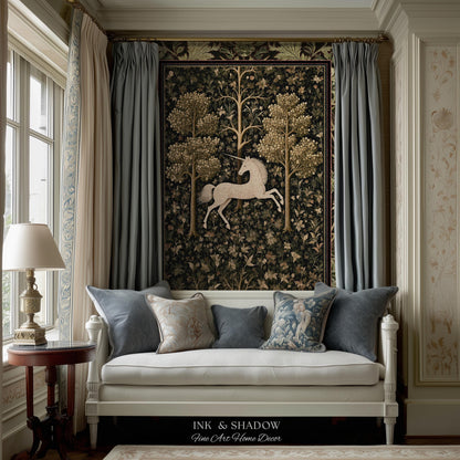 Magic Aesthetic Woven Tapestry Unicorn Blanket Cottagecore Style | Dark Academia Folklore Decor Gothic Maximalist Gift for Fantasy Lover