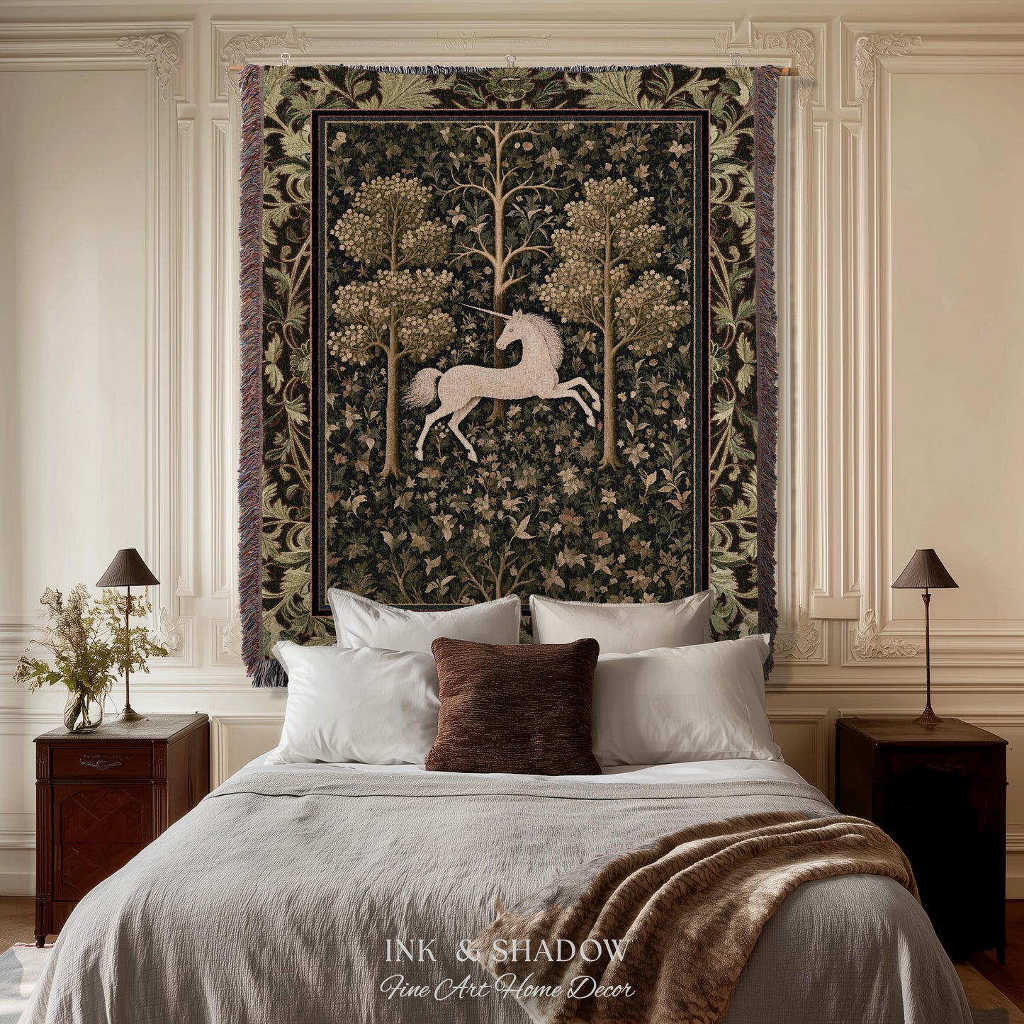 Magic Aesthetic Woven Tapestry Unicorn Blanket Cottagecore Style | Dark Academia Folklore Decor Gothic Maximalist Gift for Fantasy Lover