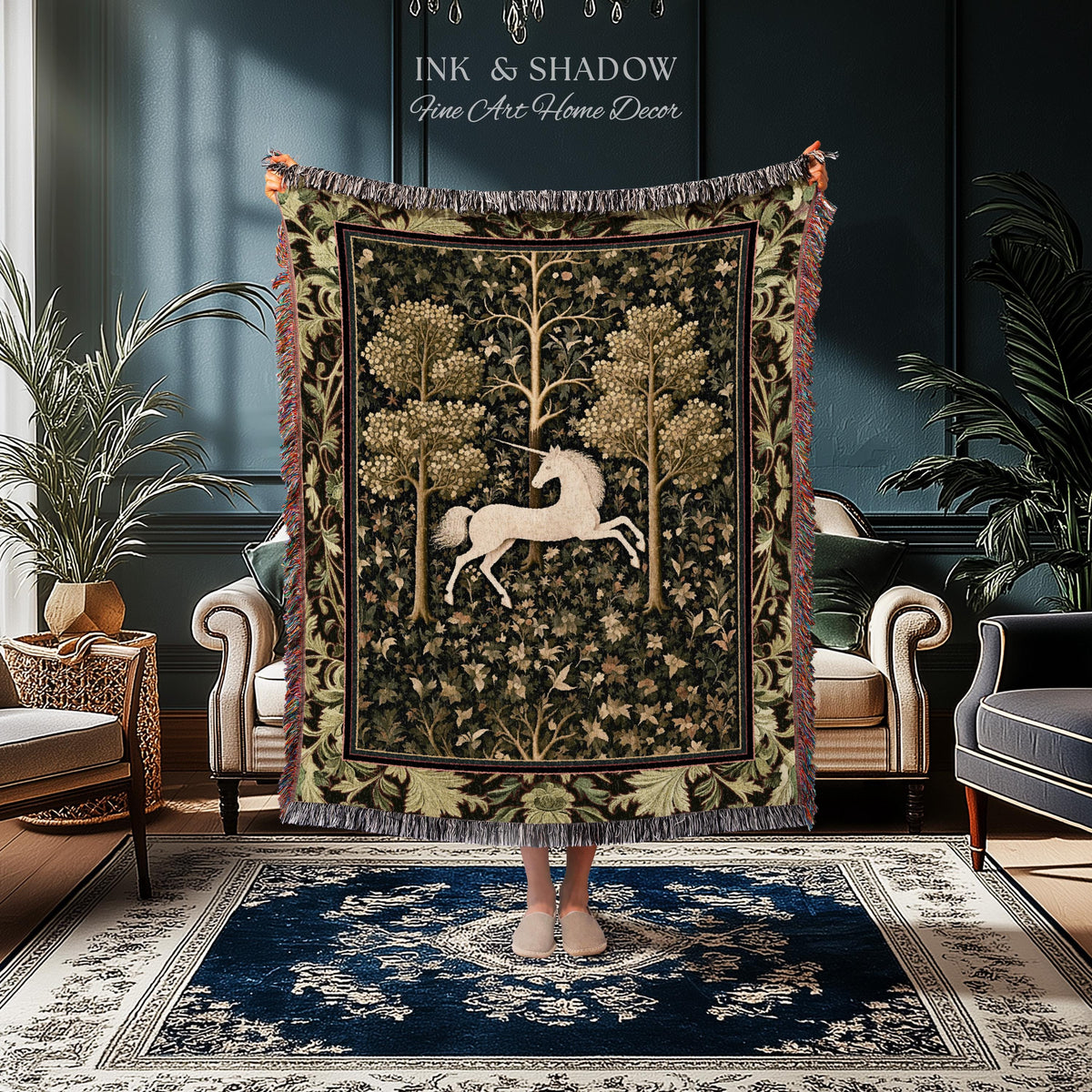 Magic Aesthetic Woven Tapestry Unicorn Blanket Cottagecore Style | Dark Academia Folklore Decor Gothic Maximalist Gift for Fantasy Lover