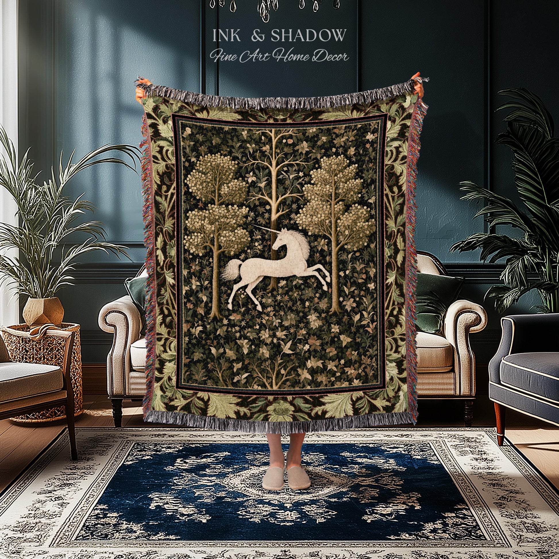 Magic Aesthetic Woven Tapestry Unicorn Blanket Cottagecore Style | Dark Academia Folklore Decor Gothic Maximalist Gift for Fantasy Lover