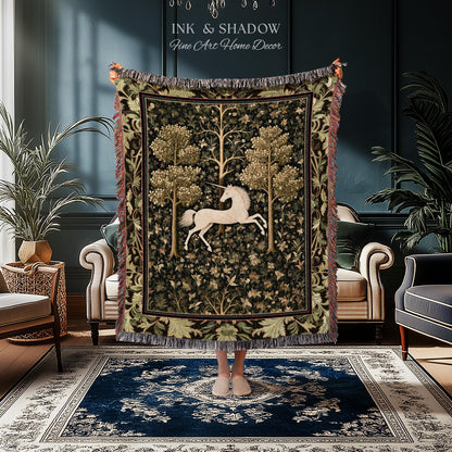 Magic Aesthetic Woven Tapestry Unicorn Blanket Cottagecore Style | Dark Academia Folklore Decor Gothic Maximalist Gift for Fantasy Lover