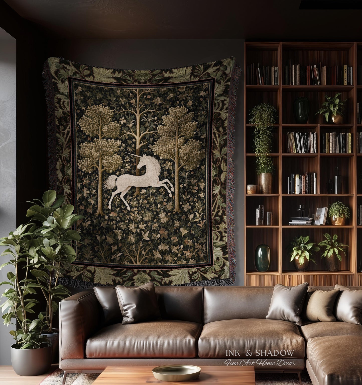 Magic Aesthetic Woven Tapestry Unicorn Blanket Cottagecore Style | Dark Academia Folklore Decor Gothic Maximalist Gift for Fantasy Lover