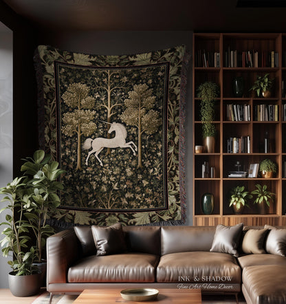 Magic Aesthetic Woven Tapestry Unicorn Blanket Cottagecore Style | Dark Academia Folklore Decor Gothic Maximalist Gift for Fantasy Lover