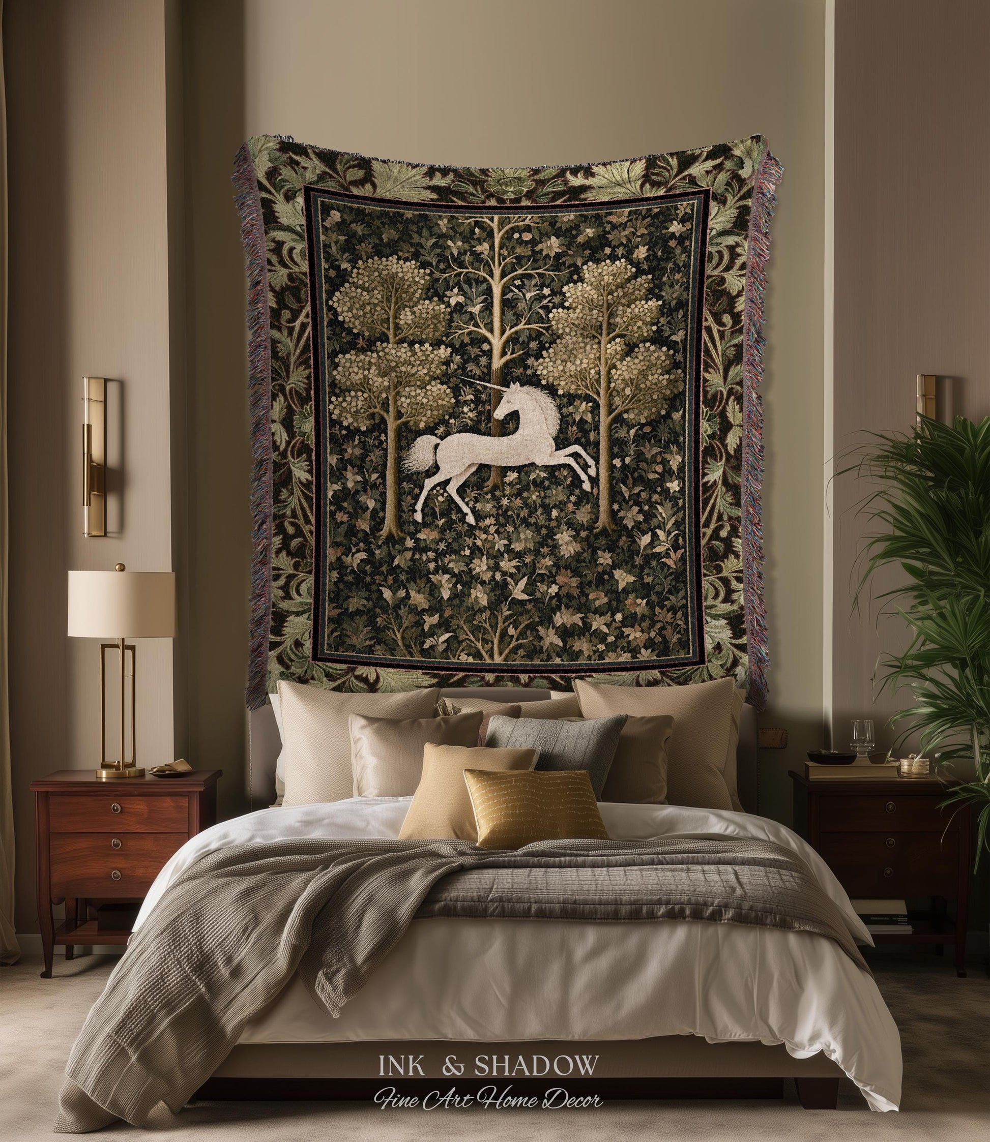 Magic Aesthetic Woven Tapestry Unicorn Blanket Cottagecore Style | Dark Academia Folklore Decor Gothic Maximalist Gift for Fantasy Lover