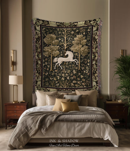 Magic Aesthetic Woven Tapestry Unicorn Blanket Cottagecore Style | Dark Academia Folklore Decor Gothic Maximalist Gift for Fantasy Lover