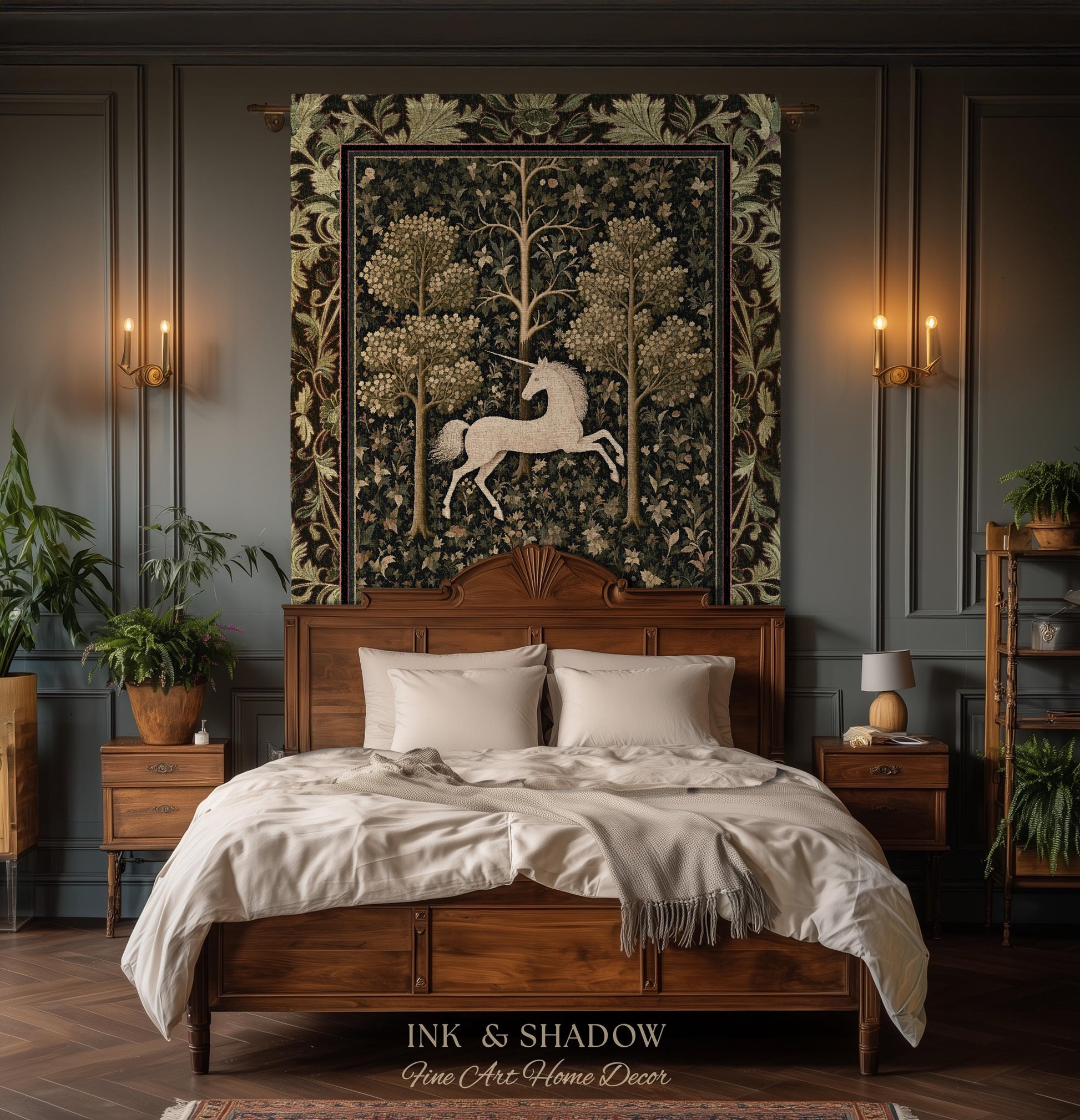 Magic Aesthetic Woven Tapestry Unicorn Blanket Cottagecore Style | Dark Academia Folklore Decor Gothic Maximalist Gift for Fantasy Lover