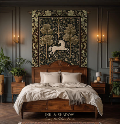 Magic Aesthetic Woven Tapestry Unicorn Blanket Cottagecore Style | Dark Academia Folklore Decor Gothic Maximalist Gift for Fantasy Lover