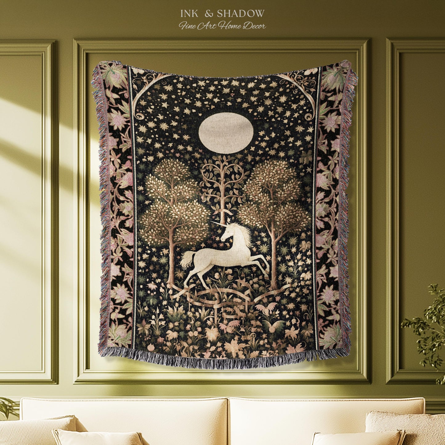 Princesscore Unicorn Tapestry Woven Folklore Aesthetic Whimsical Decor | Mystic Magical Moon Celestial Cottagecore Fairycore Throw Blanket