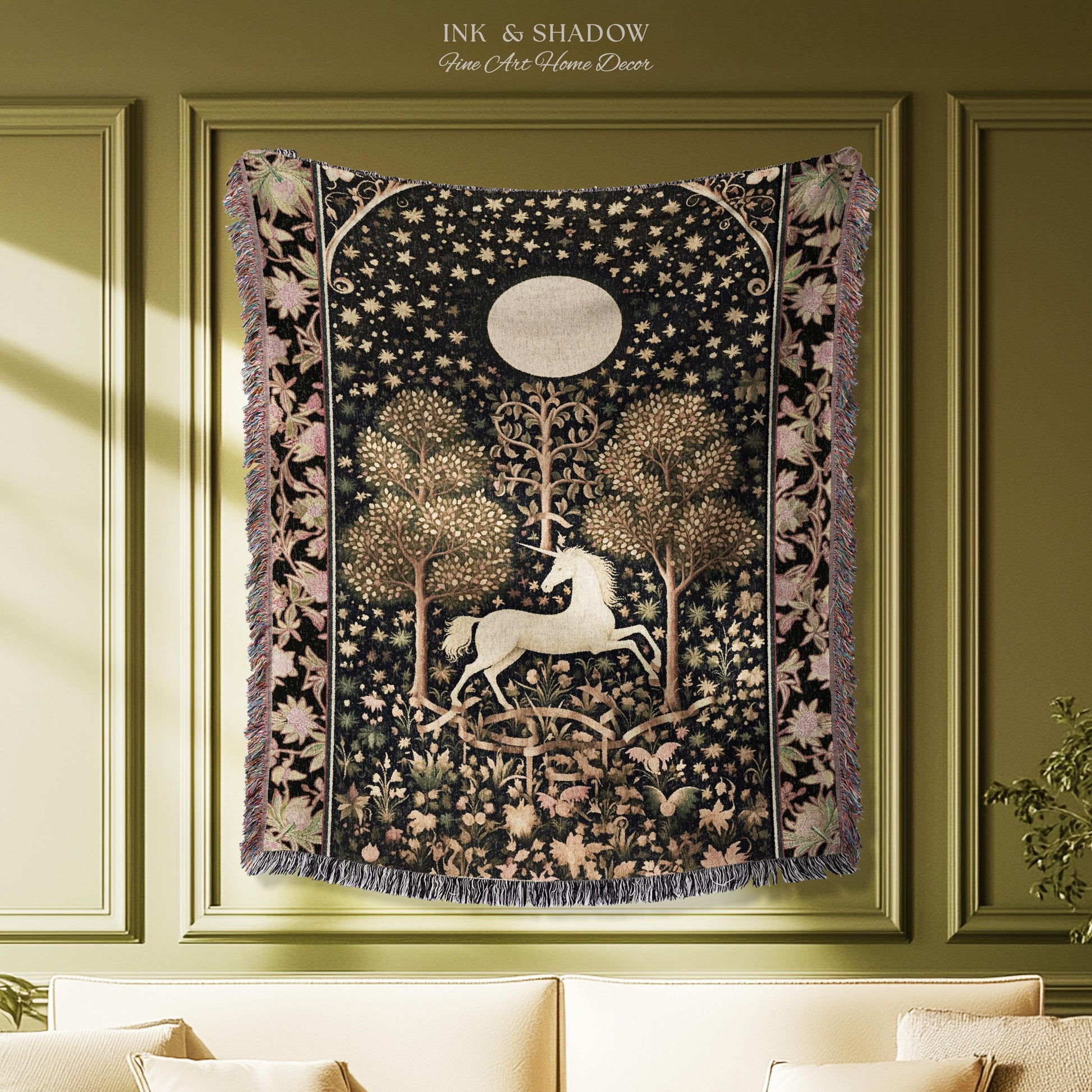 Princesscore Unicorn Tapestry Woven Folklore Aesthetic Whimsical Decor | Mystic Magical Moon Celestial Cottagecore Fairycore Throw Blanket