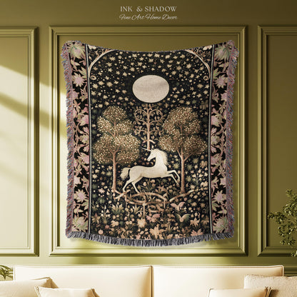 Princesscore Unicorn Tapestry Woven Folklore Aesthetic Whimsical Decor | Mystic Magical Moon Celestial Cottagecore Fairycore Throw Blanket