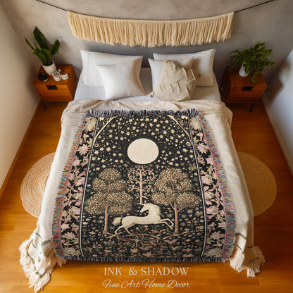 Princesscore Unicorn Tapestry Woven Folklore Aesthetic Whimsical Decor | Mystic Magical Moon Celestial Cottagecore Fairycore Throw Blanket