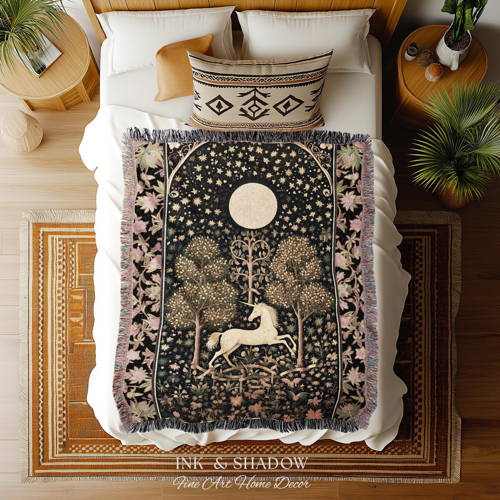 Princesscore Unicorn Tapestry Woven Folklore Aesthetic Whimsical Decor | Mystic Magical Moon Celestial Cottagecore Fairycore Throw Blanket