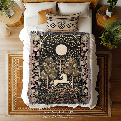 Princesscore Unicorn Tapestry Woven Folklore Aesthetic Whimsical Decor | Mystic Magical Moon Celestial Cottagecore Fairycore Throw Blanket