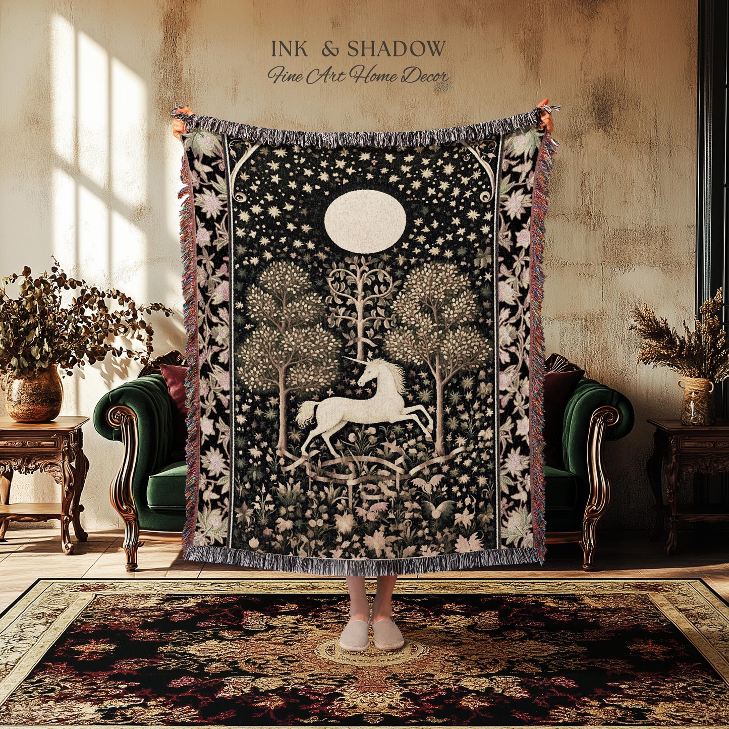 Princesscore Unicorn Tapestry Woven Folklore Aesthetic Whimsical Decor | Mystic Magical Moon Celestial Cottagecore Fairycore Throw Blanket
