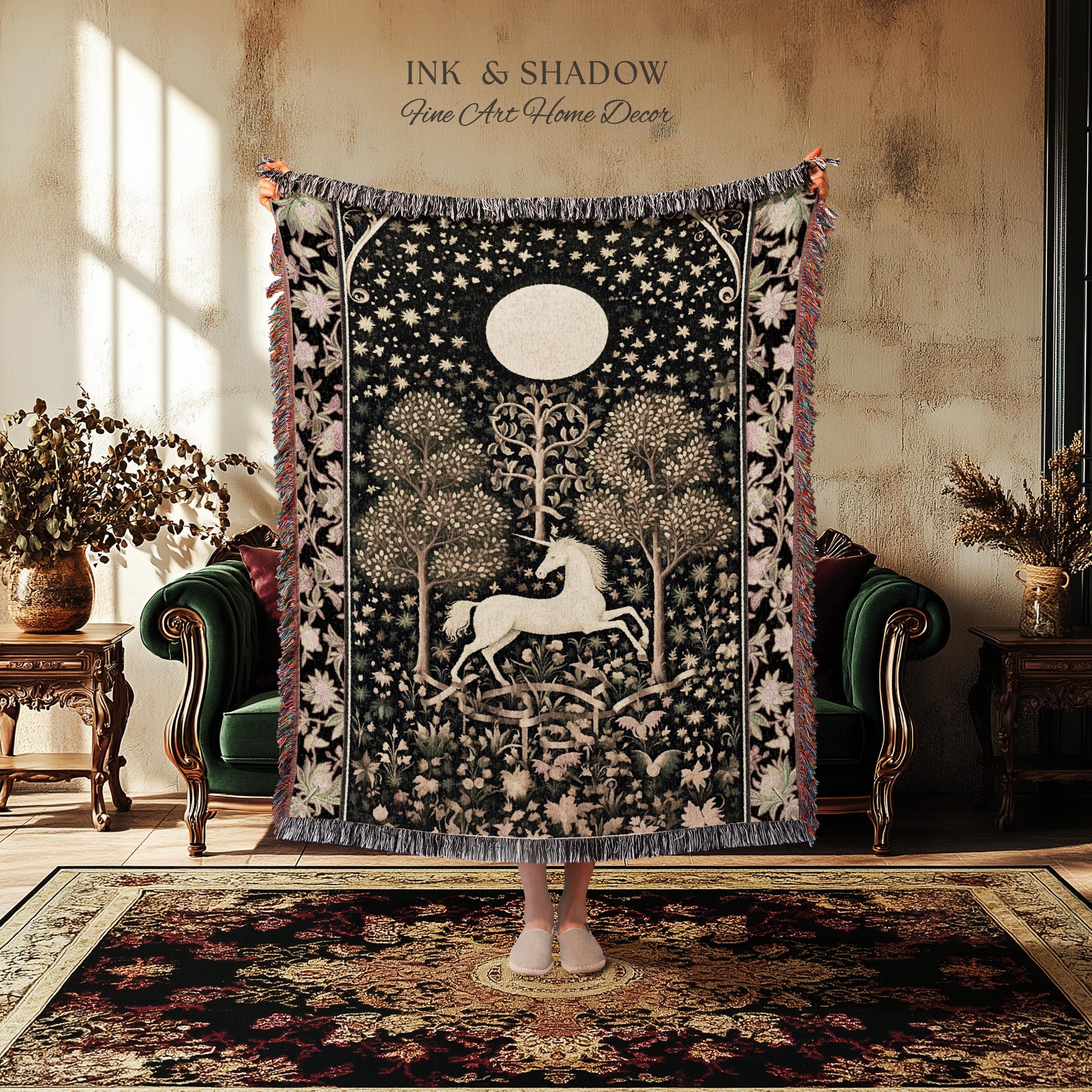 Princesscore Unicorn Tapestry Woven Folklore Aesthetic Whimsical Decor | Mystic Magical Moon Celestial Cottagecore Fairycore Throw Blanket
