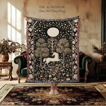Princesscore Unicorn Tapestry Woven Folklore Aesthetic Whimsical Decor | Mystic Magical Moon Celestial Cottagecore Fairycore Throw Blanket