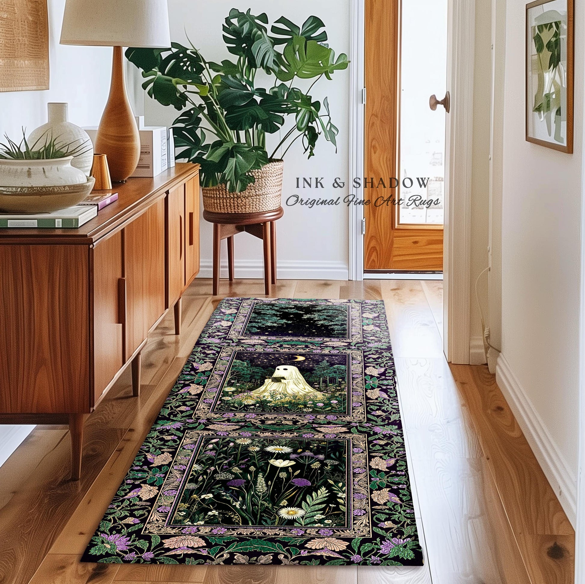 Moody Forest Spirit Ghost Accent Rug | Dark Whimsigoth Celestial Bedroom Rug Witchy Mystical Reading Room Decor Fall Home Aesthetic Cozy |