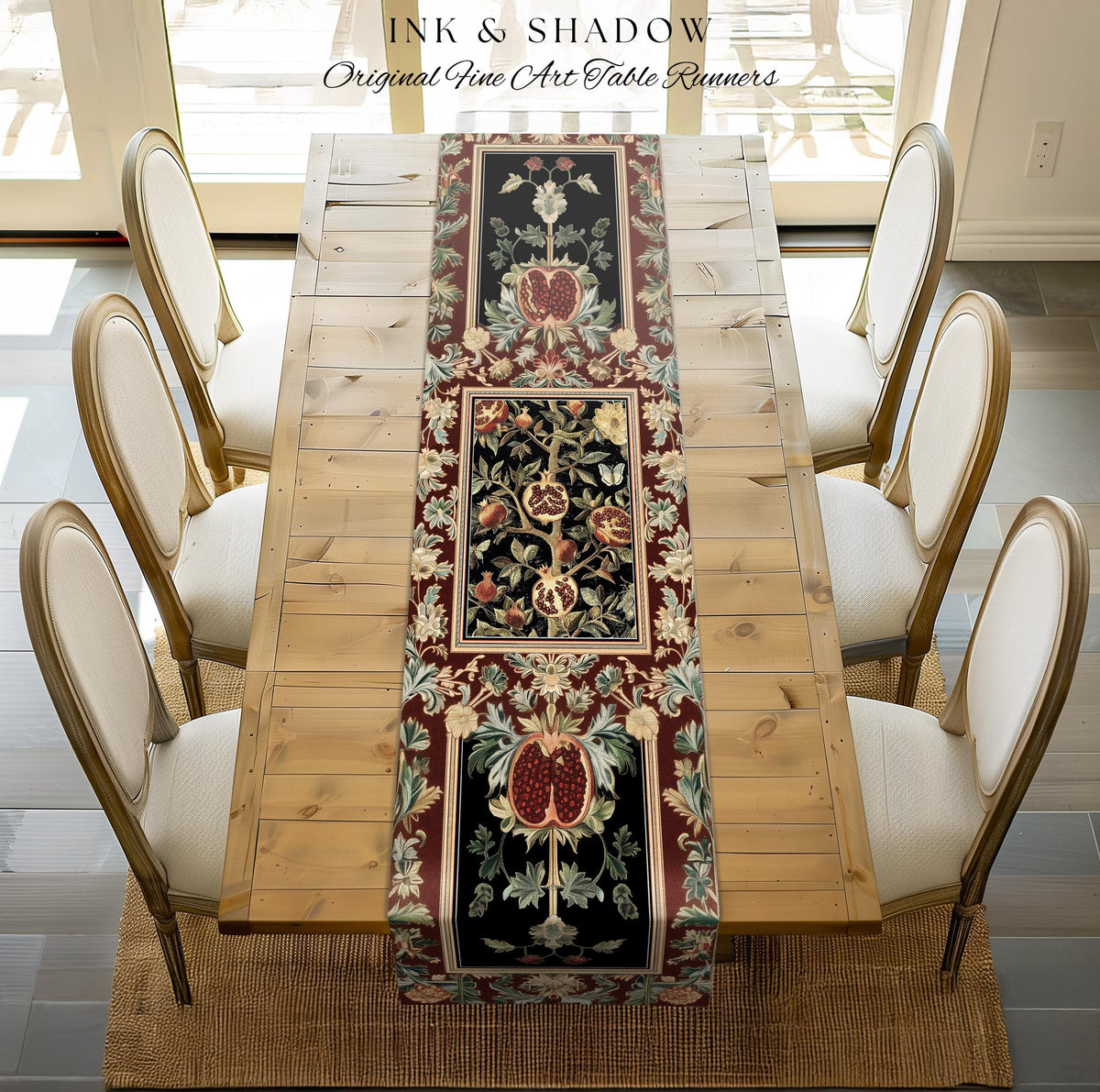 Floral Whimsigoth Vintage Pomegranate Art Nature Table Runner Cottagegoth Botanical Baroque Elegance, Medieval Style Forestcore Dining Room