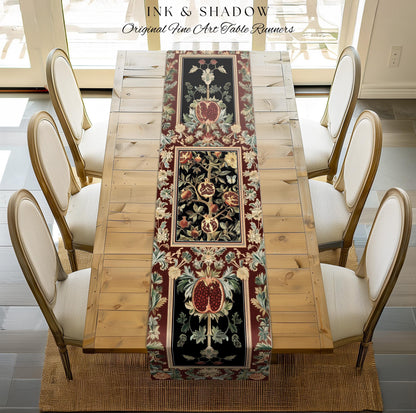 Floral Whimsigoth Vintage Pomegranate Art Nature Table Runner Cottagegoth Botanical Baroque Elegance, Medieval Style Forestcore Dining Room