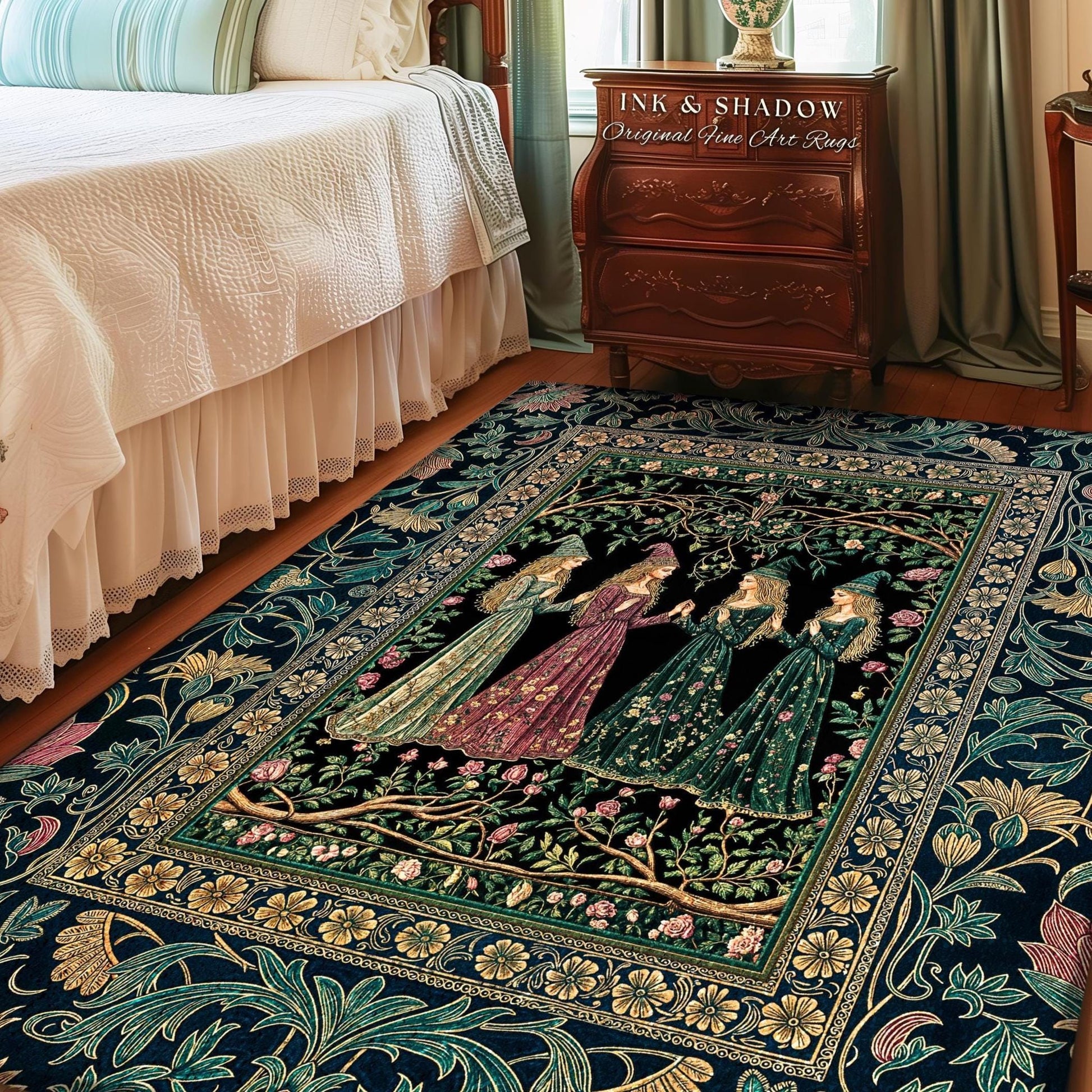 May include: A rectangular area rug with a dark blue background and a floral border. The rug features a central image of four women in long dresses under a tree. The rug has the text "INK & SHADOW Original Fine Art Rugs".