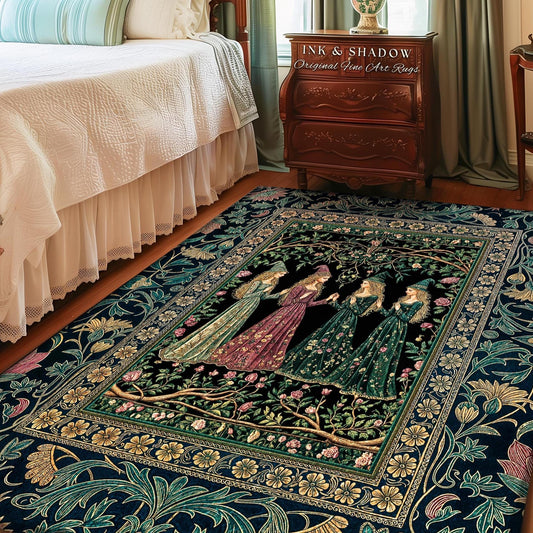 May include: A rectangular area rug with a dark blue background and a floral border. The rug features a central image of four women in long dresses under a tree. The rug has the text "INK & SHADOW Original Fine Art Rugs".