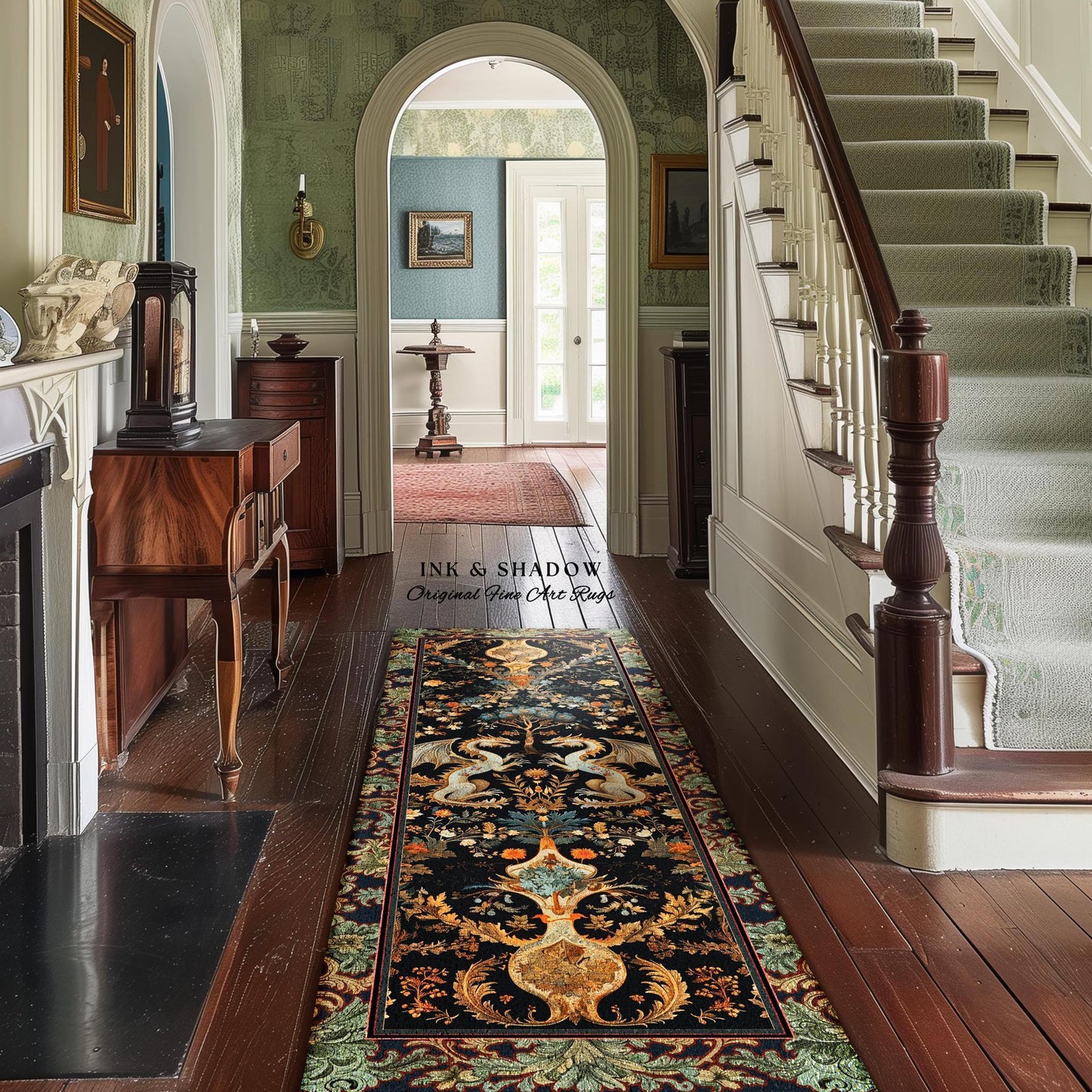 May include: A hallway with a dark wood floor and a patterned runner rug. The rug has a black background with a detailed floral and ornate design in shades of gold, green, and orange. The walls are painted in light green and the text "INK & SHADOW Original Fine Art Rugs" is visible.