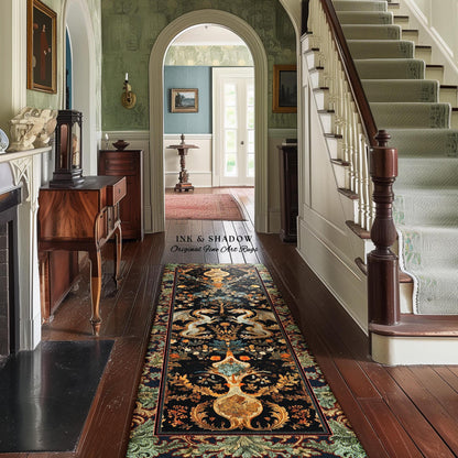 May include: A hallway with a dark wood floor and a patterned runner rug. The rug has a black background with a detailed floral and ornate design in shades of gold, green, and orange. The walls are painted in light green and the text "INK & SHADOW Original Fine Art Rugs" is visible.