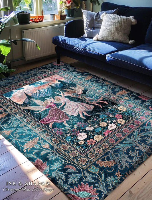 Playful Woodland Fairies Accent Rug | Dreamy Enchanted Fairytale Fairycore Medieval Bedroom Decor Cottagecore Whimsical Folklore Vibe Cozy