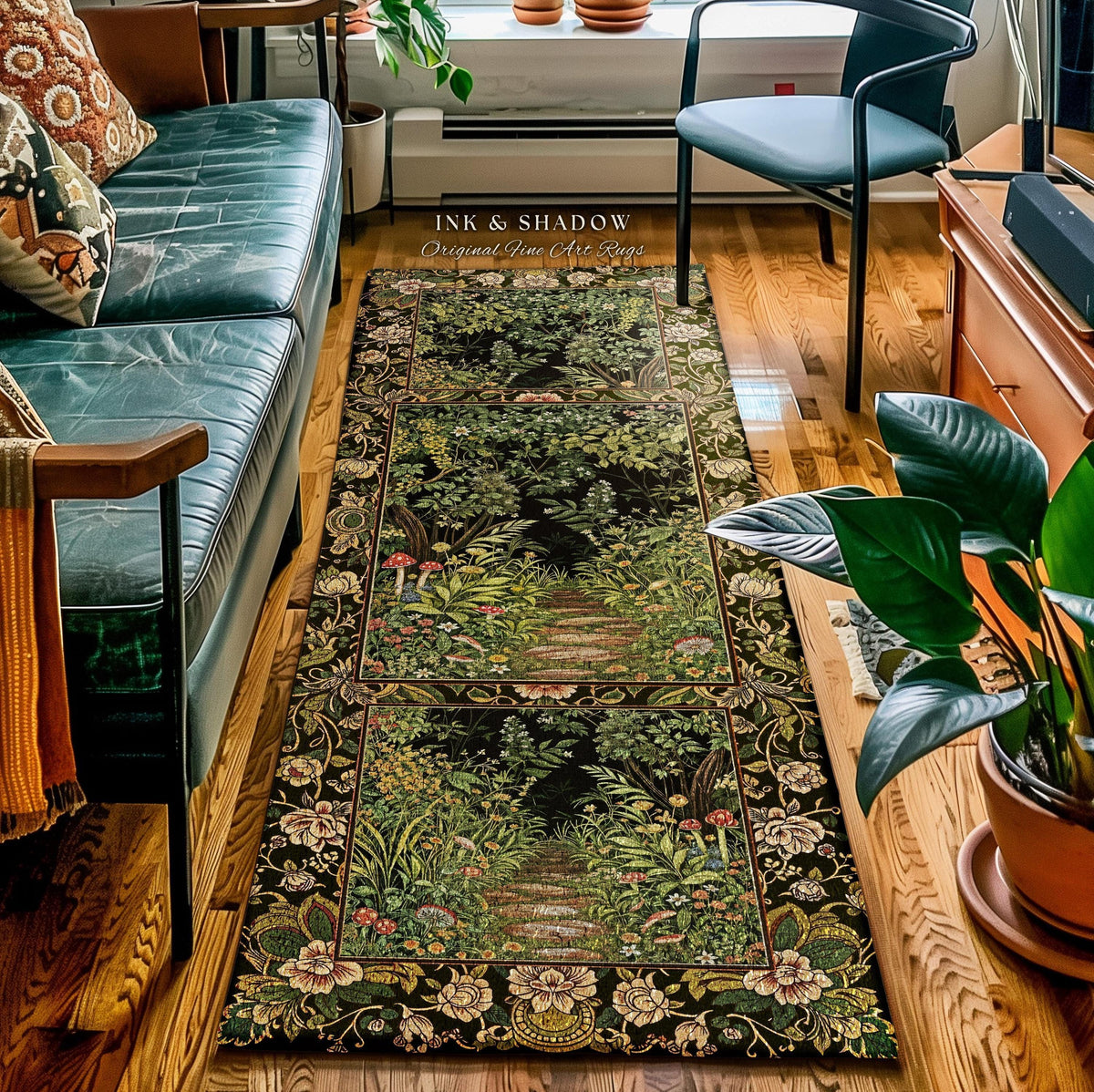 May include: Two rectangular area rugs with a forest path design. The rugs feature a dark background with a detailed depiction of a forest scene, including trees, mushrooms, and a stone path. The borders are adorned with floral patterns. The text "INK & SHADOW Original Fine Art Rugs" is visible.