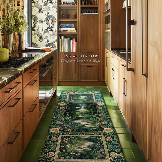 May include: Two rectangular fine art rugs with a forest scene, featuring a stone path, trees, and flowers. The rugs are placed on a green tiled floor in a kitchen with wooden cabinets. The text "INK & SHADOW Original Fine Art Rugs" is visible.