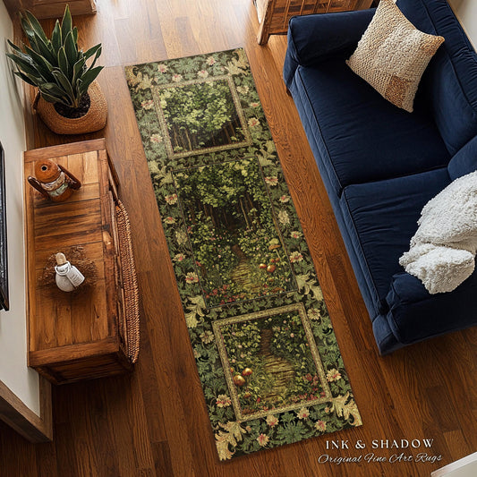 May include: A rectangular rug with a nature scene design. The rug features a central image of a path through a garden, framed by floral borders. The text "INK & SHADOW Original Fine Art Rugs" is at the bottom.