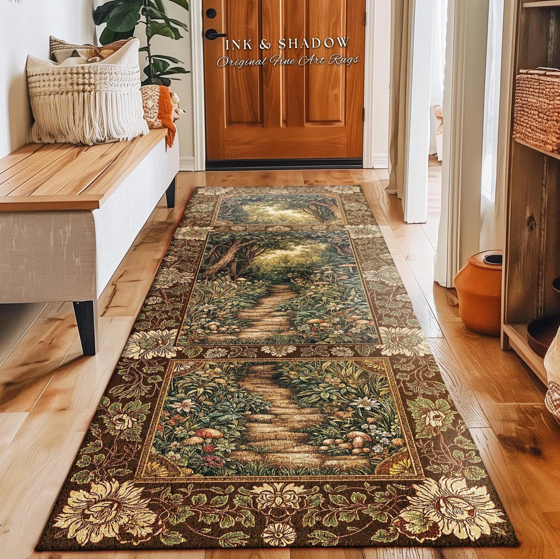 May include: A long, rectangular rug with a detailed forest scene. The rug features a pathway winding through trees and foliage, with a brown floral border. The text "INK & SHADOW Original Fine Art Rugs" is visible.